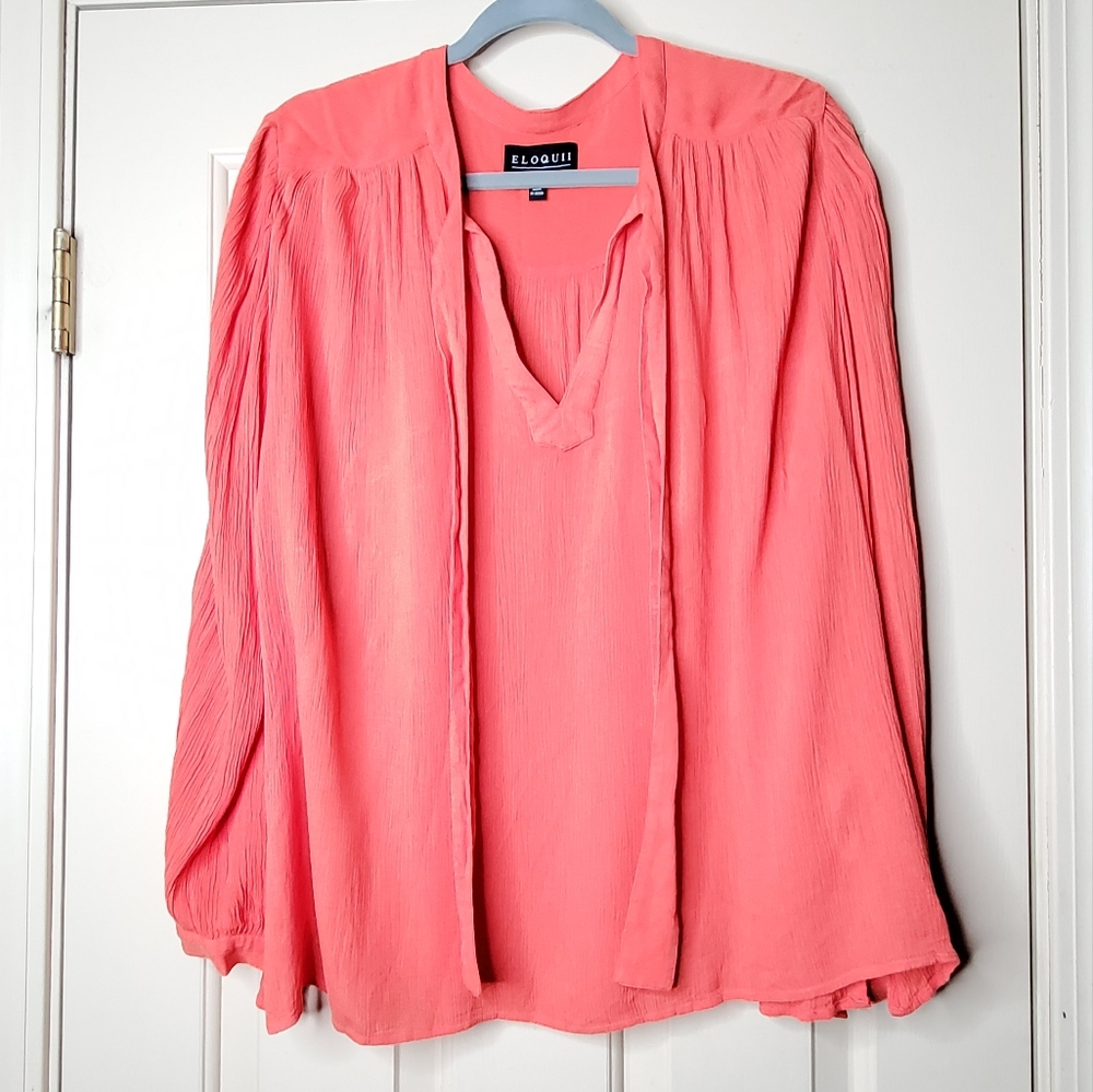 Eloquii Coral Orange Long Sleeve Flowy Boho Blouse with front tie Loose … - Picture 2 of 10
